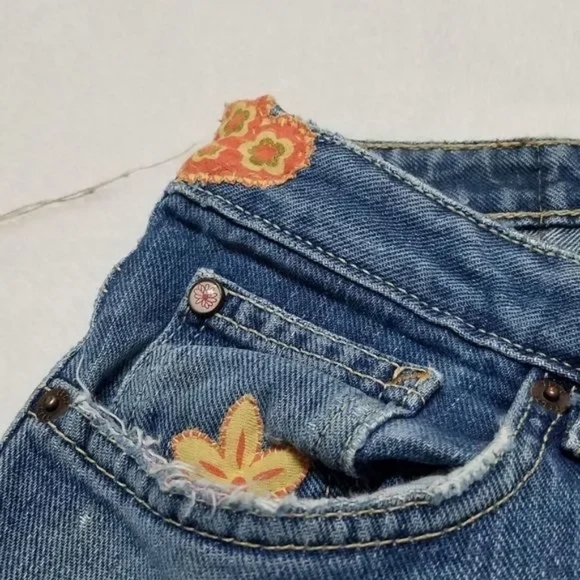 Vintage 90s Tilt Boho Handmade Floral Embroidered Low Rise Bell Bottom Jeans 6 - Picture 9 of 16
